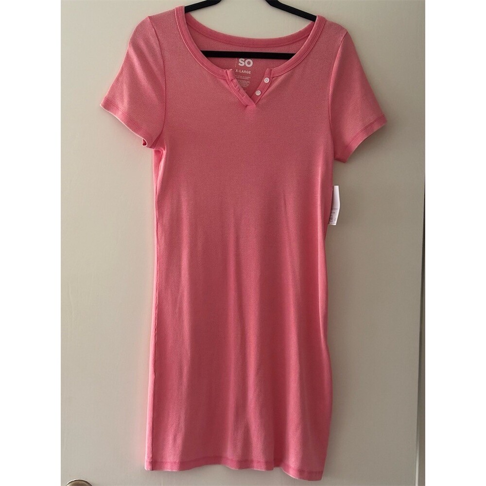 SO T-Shirt Dress Womens XL Pink Ribbed Knit Henley Knee Length Stretch